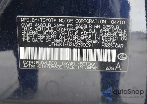 2010 Lexus Es 350 z USA, uszkodzony, nr VIN JTHBK1EGXA2390091